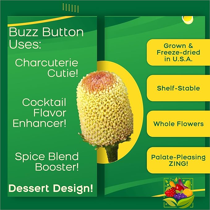Buzz Buttons Edible Flowers for Cocktails &amp Desserts - 20 USA Grown Flowers for Drink Garnish - Freeze-dried Spilanthes/Szechuan Button/Acmella Oleracea Flowers (0.2 oz)