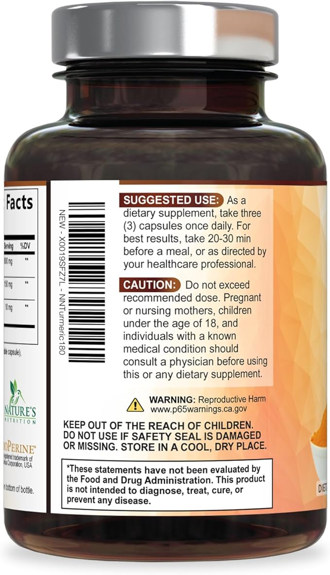 Turmeric Curcumin Supplement 95% Curcuminoids - 1800mg Organic Turmeric Per Serving - BioPerine Black Pepper Extract for Best Absorption Natural Joint Support Non-GMO Bottled in USA - 180 Capsules