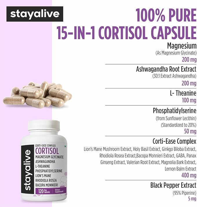 STAY ALIVE Cortisol Manager Supplement 15-in-1 Complex w/L-Theanine Ashwagandha Magnesium Glycinate Phosphatidylserine and More 120 Veg Capsules Non-GMO &amp Gluten-Free Formula for Women and Me