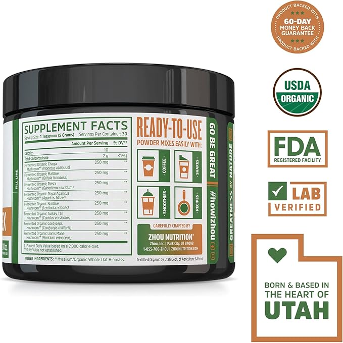 ZHOU Mushroom 8-Plex - Mushroom Supplement Powder Blend Coffee Alternative for Adults Nootropic Complex for Health with Chaga Lions Mane Reishi &amp Turkey Tail - 2.14oz (30 Servings)