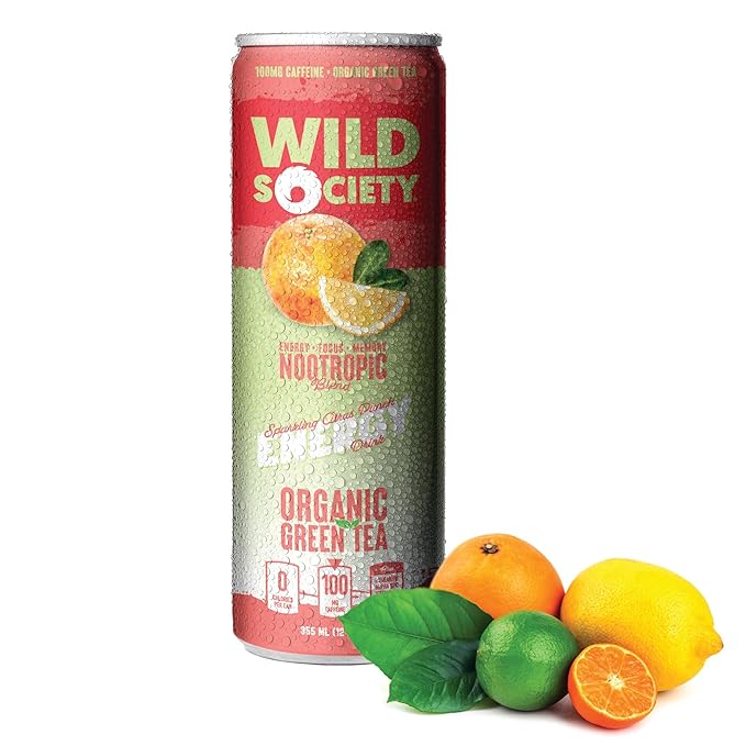 Wild Society Natural Energy Drink + Nootropics (12 pack) - 100 mg Organic Caffeine from Green Tea - Zero Sugar &amp Zero Calories - Monk Fruit Sweetened - Clean Ingredients - Fuel Mind &amp Body - C