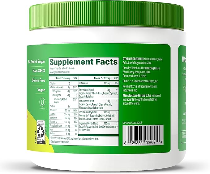 Amazing Grass Sweet Greens and Superfoods Powder for Digestive Health Greens Powder Digestive Enzymes Probiotics Spirulina Chlorella Tropical Lime 30 Servings