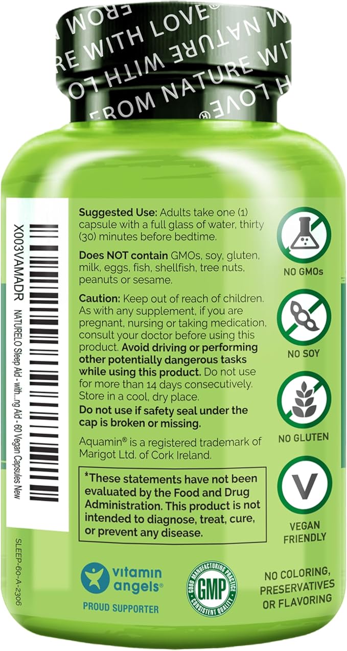 NATURELO Sleep Aid - with Melatonin Magnesium GABA Valerian Root Lemon Balm Chamomile Herbal Extracts - Plant-Based Sleeping Aid - 60 Vegan Capsules