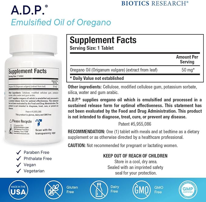 Biotics Research A.D.P. Emulsified Oil of Oregano Tablets for GI Health -Sustained Release for High Absorption Contains Carvacrol Wild Oregano Oil 50mg/S - Patented Formula -Non GMO –60 Tablets