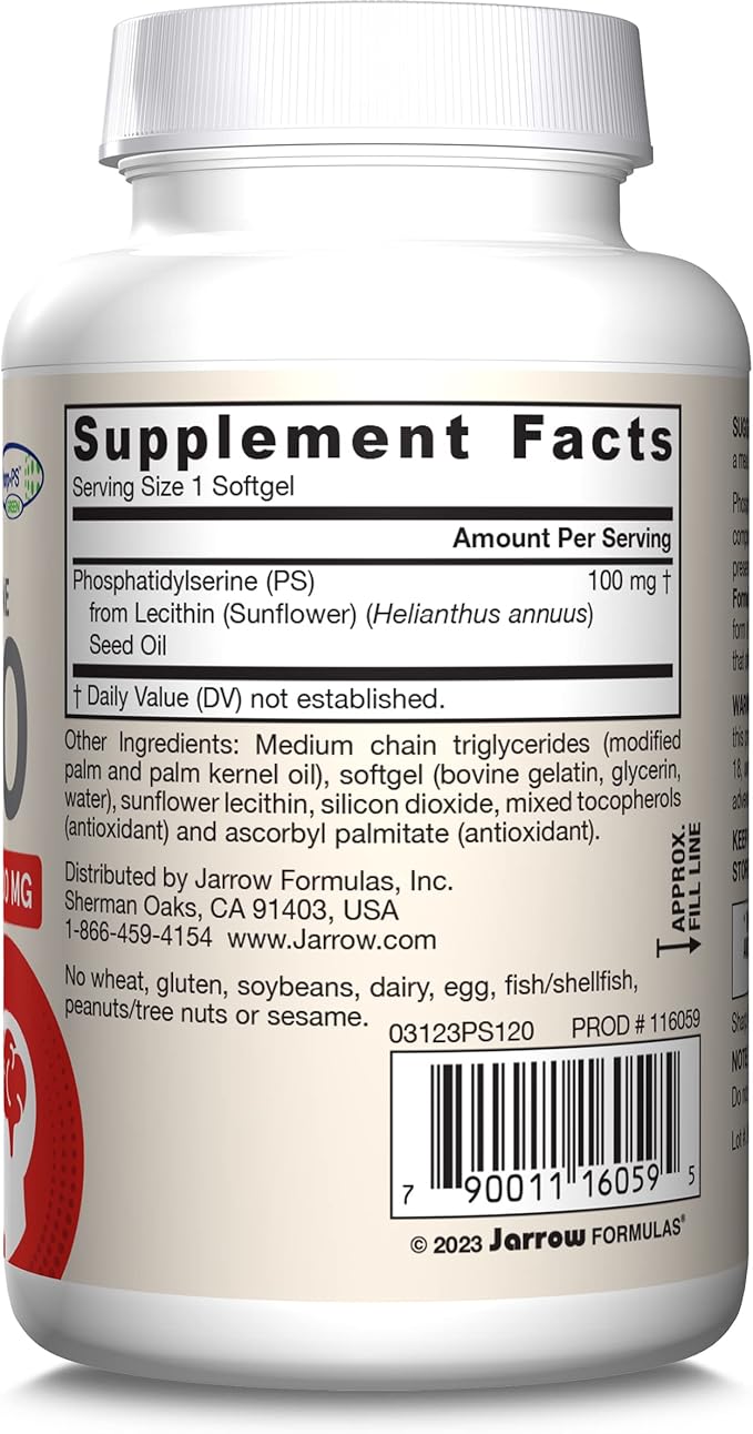 Jarrow Formulas PS100 Phosphatidylserine 100 mg Dietary Supplement for Brain Health and Cognition Support 120 Softgels 40-120 Day Supply