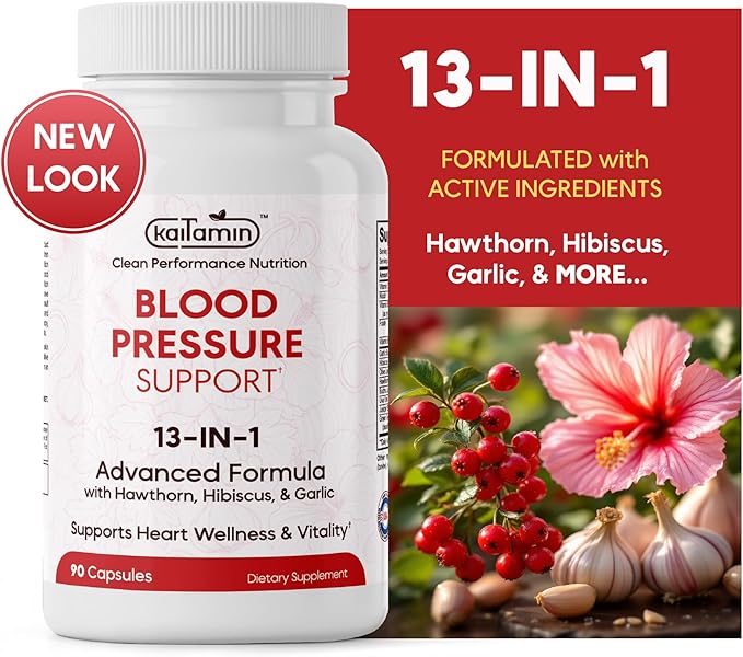Blood Pressure Support Supplement - Circulation Support &amp Heart Health Supplements - 13-in-1 Formula with Hawthorn Berry Hibiscus &amp Garlic Supplements - 90 Capsules (3-Month Supply)