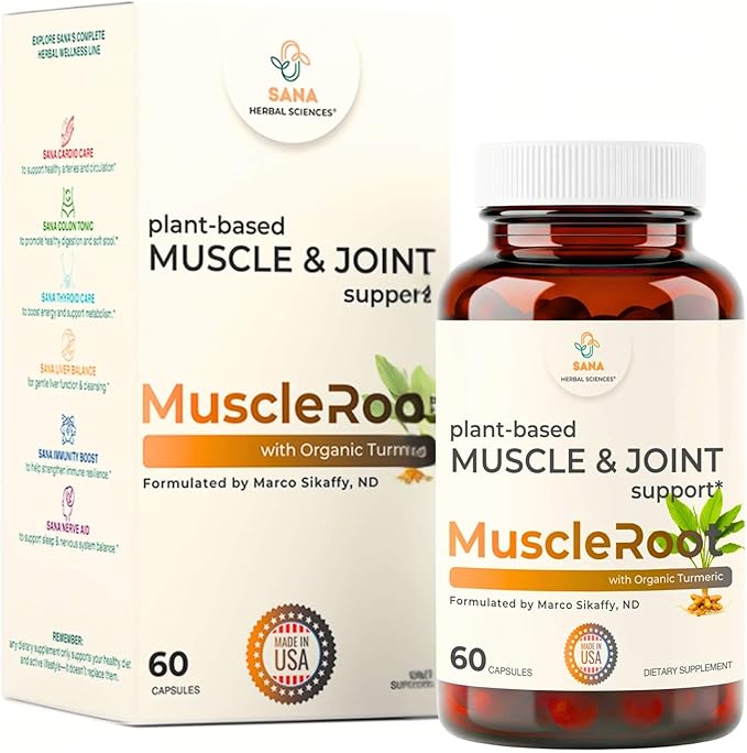 Muscle &amp Joint Support Supplement – Botanical Formula for Healthy Inflammatory Response | 6 Research-Backed Botanicals | Organic Turmeric | 60 Capsules | Sana Herbal