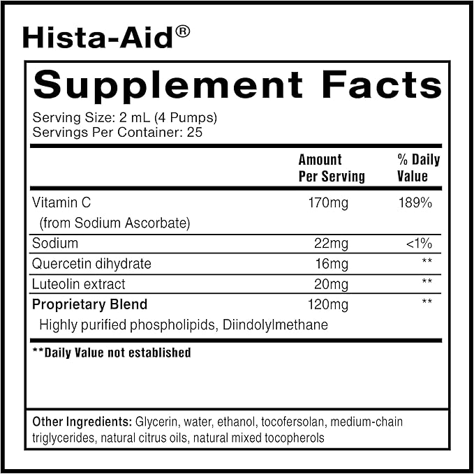 Quicksilver Scientific Nanoemulsified Hista-Aid - Flavonoids to Help Maintain Healthy Histamine Levels - Liposomal Vitamin C DIM Luteolin &amp Quercetin Liquid (50ml)