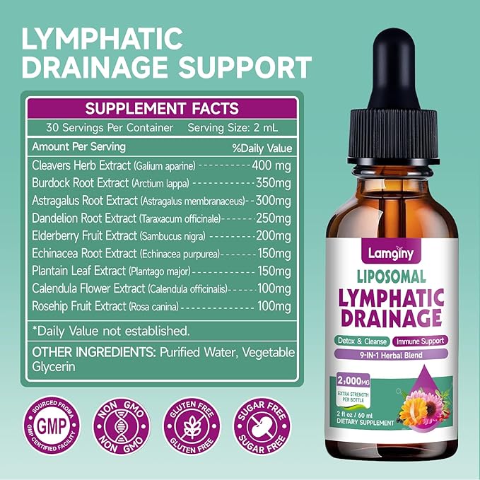 Liposomal Lymphatic Drainage Drops 9-In-1 Lymphatic Drainage Supplements for Detox &amp Cleanse with Echinacea Dandelion Elderberry Burdock Root &amp Cleavers Immune &amp Lymph System Support