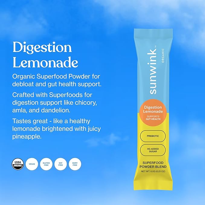 Sunwink - Digestion Lemonade Powder - Gut-Friendly Drink Mix with Plant-Based Botanicals (6g Each Pack of 15)