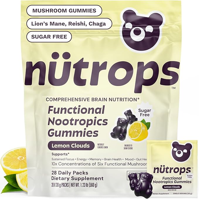 Nutrops Sugar-Free Lions Mane Mushroom Gummies for Adults Functional Nootropics Herbal Brain Supplement for Energy Brain Health Cognitive Memory &amp Focus Reishi Chaga Cordyceps - 28 Day Sup