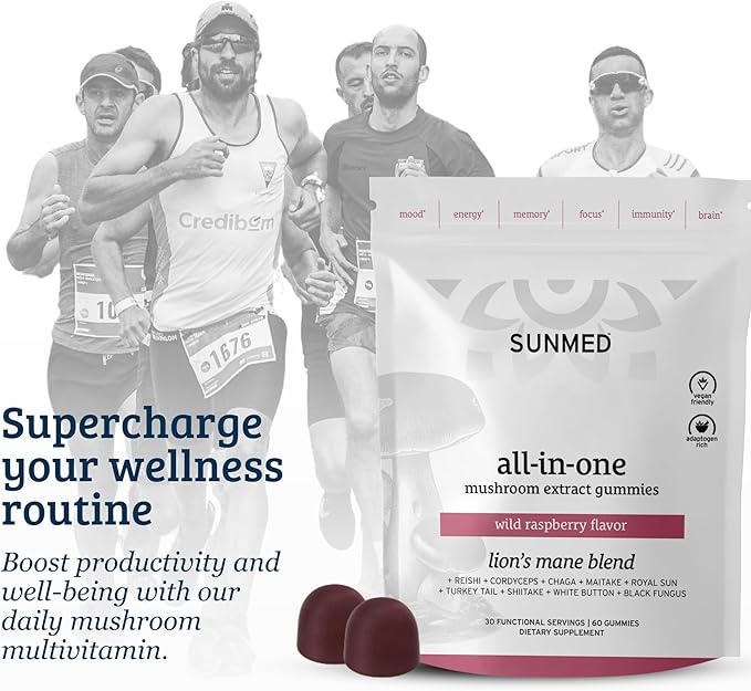 SUNMED All-in-One Mushroom Gummy Supplements for Focus Energy Mood &amp Immune Support – 10 Functional Mushrooms (Lion’s Mane Reishi Cordyceps Chaga) | Wild Raspberry Flavor 60ct