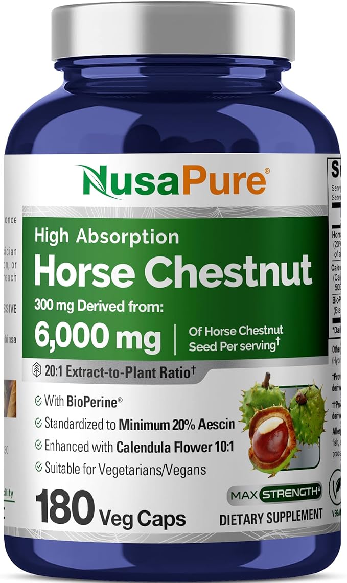 NusaPure Horse Chestnut 20:1 Extract 300 mg Equivalent to 6000mg 180 Veggie Caps Non-GMO Vegan BioPerine Calendula Flower