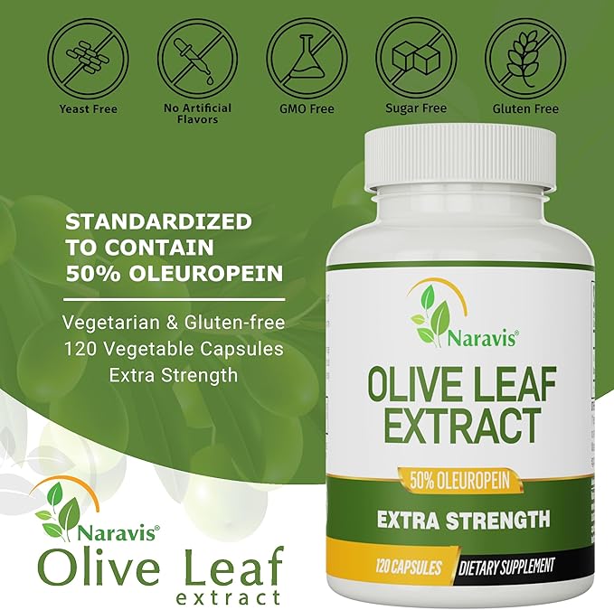 Naravis Olive Leaf Extract - 50% Oleuropein Immune Support Supplement - 120 Capsules (4-Month Supply)