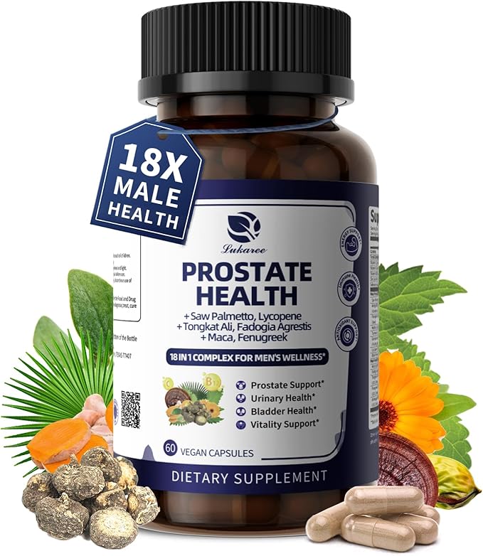 Lukaree Prostate Health Supplements for Men - 18 in 1 Saw Palmetto with Pumpkin Seed &amp Nettle - Advanced DHT Blocker - Urinary Tract Health Support - with Ashwagandha Reishi 60 Capsules