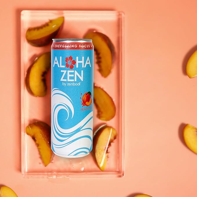 Zenbodi Aloha Zen Peach Tea - AWAKEN Functional Beverage - 12 Pack Energy Drink Zero Sugar Energy Drinks with L-Alpha GPC Caffeine and L-Theanine