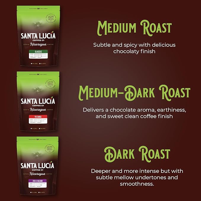 Santa Lucia Coffee - Specialty Nicaraguan Coffee Variety Pack - Light Medium &amp Dark Roast - Low Acid 91 Point SHG Small Batch Roasted 100% Single-Origin Ground Coffee 3 Bags (16oz Each)