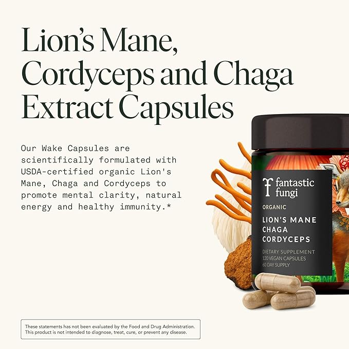 Fantastic Fungi Lions Mane Mushroom Cordyceps Mushroom &amp Chaga Supplement - Focus Energy &amp Brain Support Adaptogenic Capsules - 100% USDA Organic Complex Vegan 120 Capsules (2-Month Supply