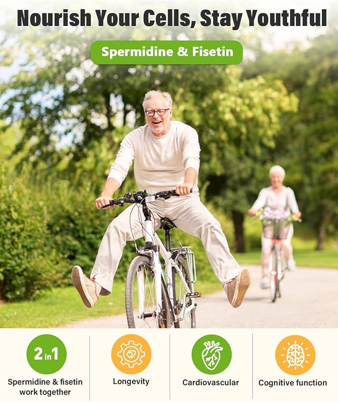 Spermidine &amp Fisetin Supplement - 20mg of 99% Spermidine Per Serving 3HCL &amp 300mg Fisetin for Women Men Cell Renewal Aging Defense &amp Longevity Gluten Free Non-GMO Made in USA | 30 Veg