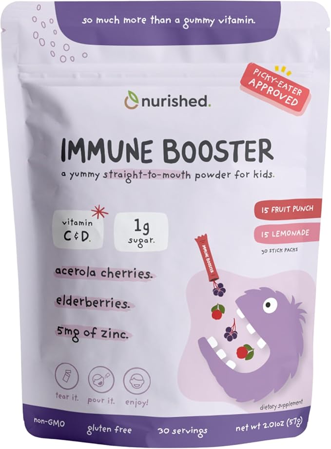 Kids Immune Booster with Elderberry Acerola Cherry Zinc Vitamins C &amp D - Straight-to-Mouth Powder - 30 Servings - 2 Flavors