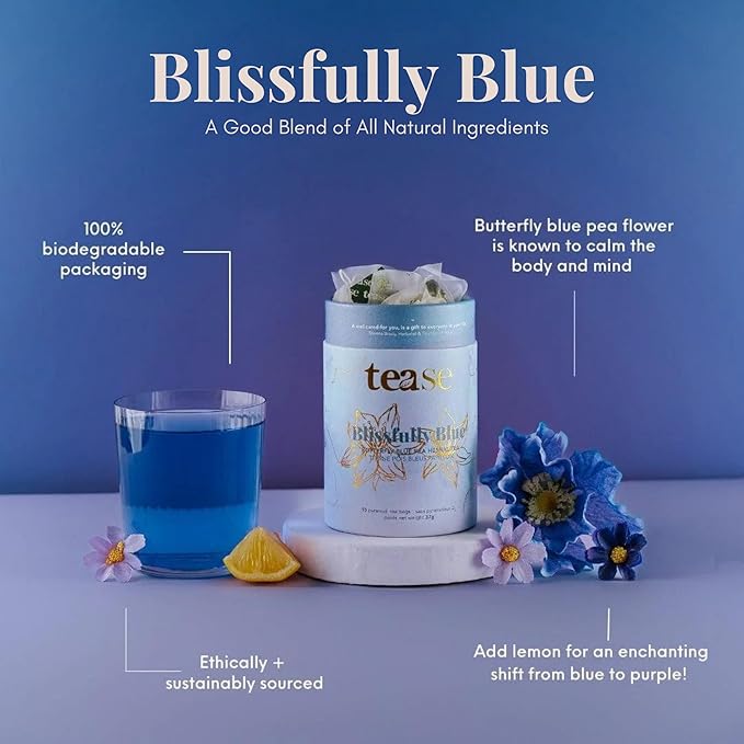 Tease Tea Butterfly Pea Tea - Blissfully Blue Stress Relief Herbal Tea Caffeine Free Tea Made with Butterfly Blue Pea Flowers and Ashwagandha Roots for a Moment of Calm and a Touch of Magic
