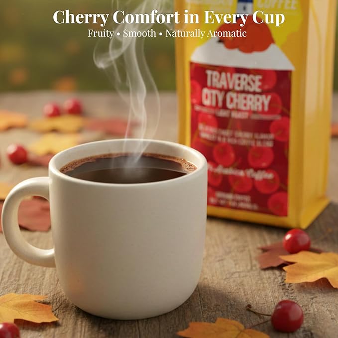 Sleepy Bear Traverse City Cherry Ground Coffee – Medium Roast Arabica with Bold Cherry Flavor Michigan-Made Smooth &amp Fruity Blend No Sugar Added 16oz Recloseable Bag (1 Pack)