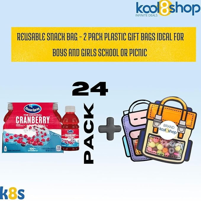 Ocean Spray Cranberry Fruit Juice Drink 10 fl oz Plastic Bottles 24 Pack + 2 Reusable Snack Bags by KOOL8SHOP Infinite Deals