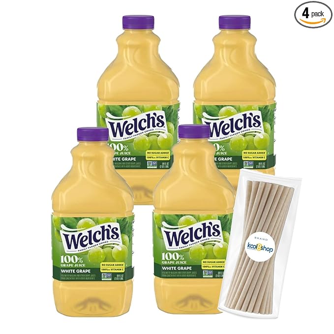 Welch's 100% White Grape Juice Drink 64 fl oz Plastic Bottles 4 Pack + 15 Sugarcane Disposable Straws by KOOL8SHOP Infinite Deals