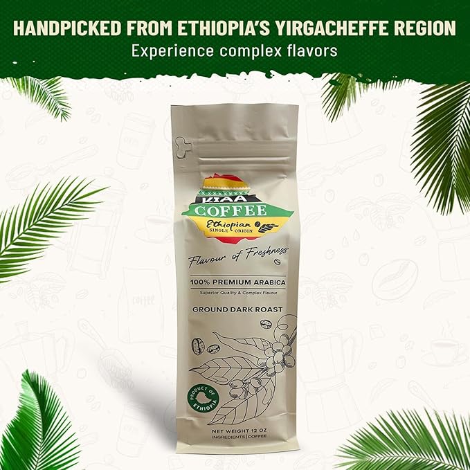 KIAA Ethiopian Premium Ground Dark Roast - 12oz 100% Organic Arabica Full-Bodied Bold Flavor Rich &amp Smooth Perfect for Espresso French Press &amp Drip Brewing Freshly Roasted