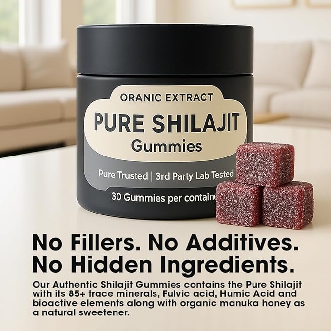 Shilajit Gummies–Himalayan Source 9000mg Energy &amp Immune Support for Men &amp Women Fulvic Acid + 85 Trace Minerals Manuka Honey Flavor Organic Non-GMO 30 Vegan Gummies