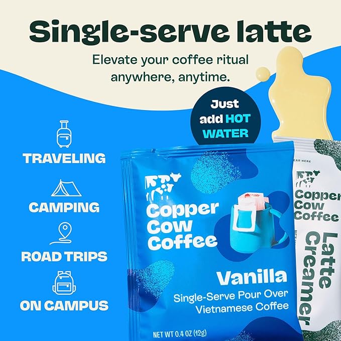 Copper Cow Coffee Pour Over Vietnamese Coffee Pouches + Sweetened Condensed Milk Creamers (8 Coffees &amp 8 Milk Creamers) | Vanilla Lattes No Refrigeration Needed Travel Friendly Ground Coffee