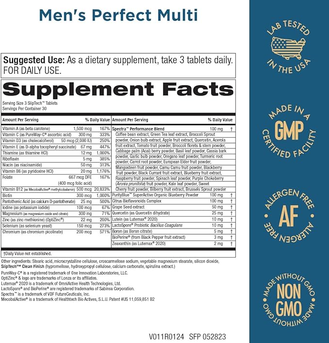 Purity Products Men's Perfect Multi from Vitamins Minerals and Phytonutrients - Promotes Energy Vitality and Stamina - Easy to Swallow - 90 Tablets