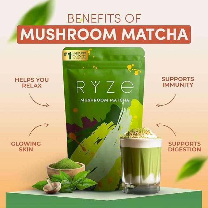 RYZE SUPERFOODS All Day Energy Bundle with Mushroom Medium Roast Coffee + Mushroom Matcha USDA Organic with 6 Adaptogenic Mushrooms + Matcha for Better Energy Focus Digestion 30+30 serving