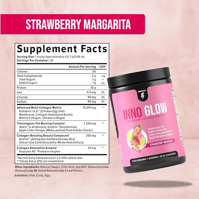 InnoGlow Multi Collagen Peptides Powder for Weight Loss - Thermogenic Fat Burner and Anti Aging Collagen Powder for Women - Hair Skin Nails Joint Support - 20 Servings (Strawberry Margarita)