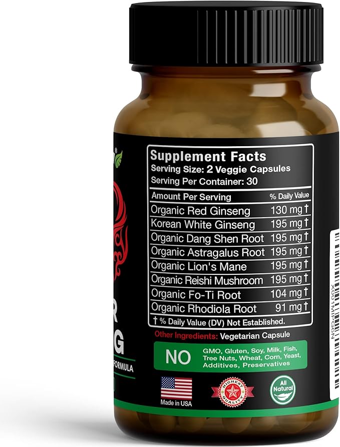Forever Young Longevity Supplement for Immunity Anti Gray Hair Telomere Lengthening &amp Happy Mood w/Ginseng Astragalus Lions Mane Reishi Mushroom Codonopsis | Organic - 60 Caps