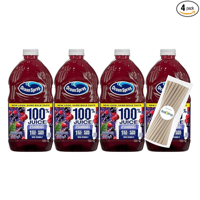 Ocean Spray Cranberry Elderberry 100% Fruit Juice No Added Sugar 64 fl oz 4 Pack + 15 Sugarcane Disposable Straws by KOOL8SHOP Infinite Deals