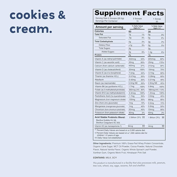 Cookies &amp Cream Mighty Milk - Kids All-in-One Daily Protein Powder &amp Multivitamin with Probiotics &amp Organic Spinach - Natural Flavors Colors &amp Sweeteners - 15-30 Servings