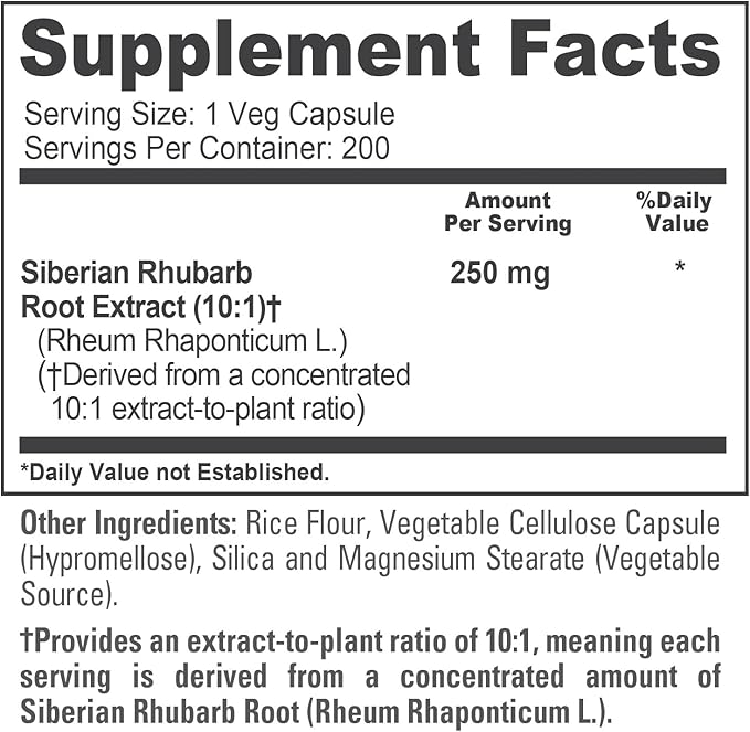 NusaPure Siberian Rhubarb 250 mg 200 Veg Capsules (Non-GMO Vegan)