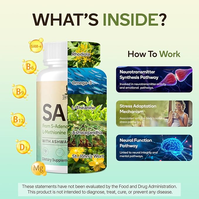 SAM-e Supplement – Capsule Complex with Ashwagandha Extract L-Theanine Rhodiola St. John’s Wort Omega-3 Fatty Acids Magnesium B Vitamins &amp D3 120 Capsules