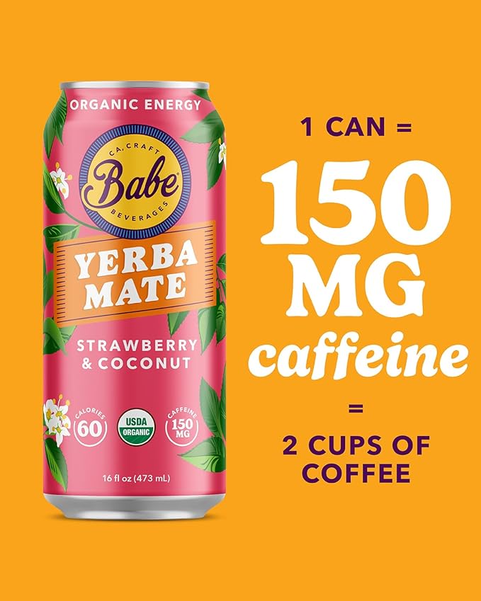 Babe Organic Yerba Mate Energy Drinks | 150mg Plant-Based Caffeine | Natural Yerba Mate Tea with No Crash No Jitters - Strawberry Coconut (12 x 16oz Cans)