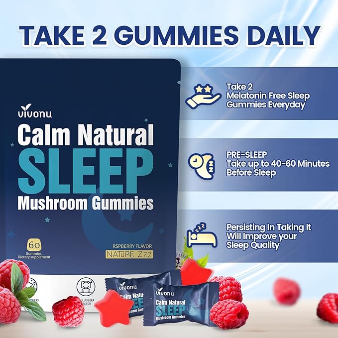 VivoNu Sleep Gummies for Adultswith L-Theanine Magnesium Reishi MushroomValerian Root Passionflower | Non-Habit Forming Sleep Aid | Non-GMO Sleep Gummies Melatonin Free | Raspberry Flavor (60pcs)