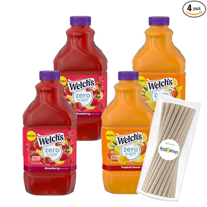 Welch's Zero Sugar Strawberry and Tropical Punch Fruit Juice Drink 64 fl oz Plastic Bottles 4 Pack + 15 Sugarcane Disposable Straws by KOOL8SHOP Infinite Deals