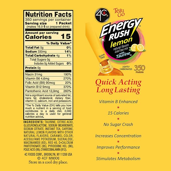 4C Powder Energy Rush Stix Energy Rush - Lemon Tea 350 Count Bulk Buy Singles Stix On the Go Refreshing Water Flavorings Value Pack