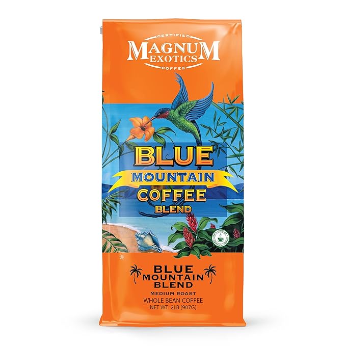 Magnum Exotics Coffee Blue Mountain Blend - Whole Bean Coffee Medium-Light Roast Made from 100% Arabica Beans Rich &amp Smooth Flavor Fresh Roast - Blue Mountain Blend 2 Lb (Pack of 1)
