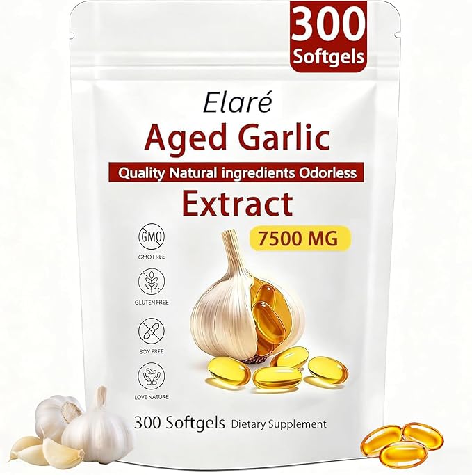 ELARE Aged Garlic Extract - 7500mg Odorless Per Servings Potent Antioxidant Supplement Immune Support Vegetarian All-Natural Non-GMO 300 Softgels