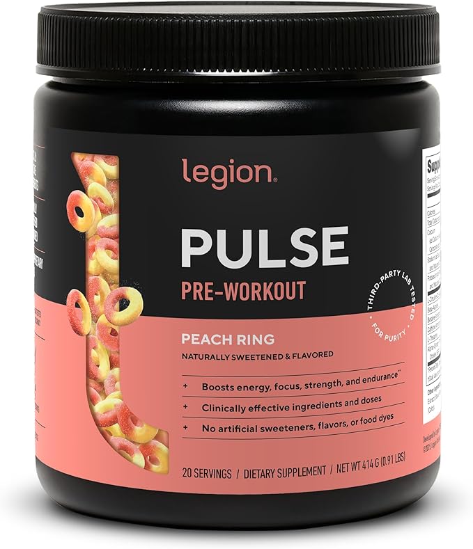 Legion Pulse Pre Workout - All Natural Nitric Oxide Preworkout Drink to Boost Energy Creatine Free Naturally Sweetened Beta Alanine Citrulline Alpha GPC (Peach)