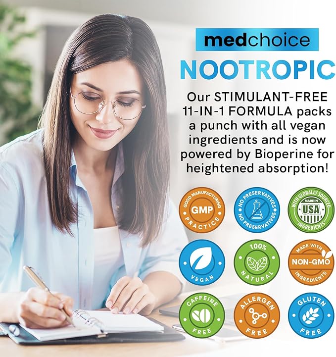 12-in-1 Nootropic Brain Supplement Anhydrous: Ginkgo Biloba for Brain Support Memory and Focus - B12 Alpha GPC L Theanine and Choline Supplements with Bioperine non Caffeinated 1321mg (120ct)