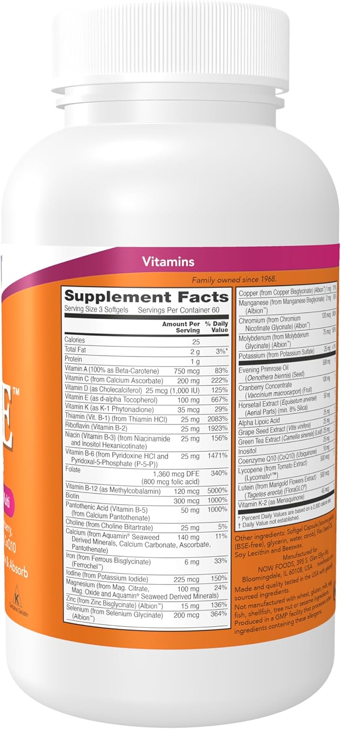 NOW Foods Supplements Eve™ Women's Multivitamin with Evening Primrose Cranberry Green Tea Horsetail Silica &amp CoQ10 180 Softgels