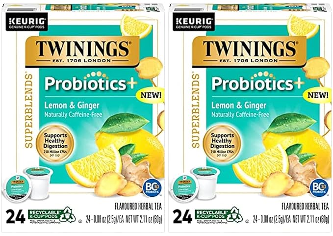 Twinings Probiotics Lemon &amp Ginger Herbal Tea Supports Digestive Health Single Serve K-Cup Pods for Keurig Naturally Caffeine Free 24 Count (Pack of 2)