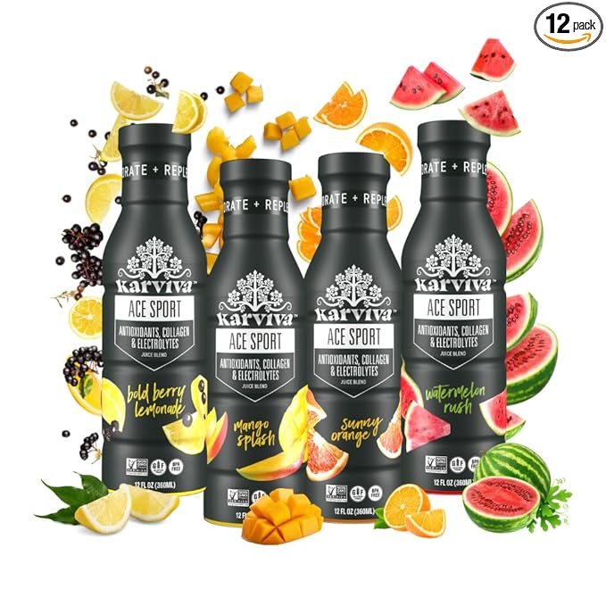 Karviva ACE Collagen Sport Juice Variety Pack - Inspired by Traditional Eastern Remedies for Healthy Joints Skin &amp Hair. Collagen Hydration Drinks with Natural Marine Collagen Electrolyte Antio